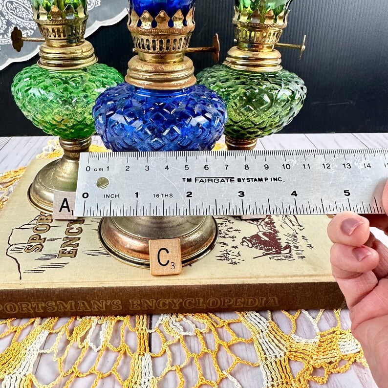 Small Antique Green Glass Oil Lamp, Vintage Kerosene Lamp With Globe