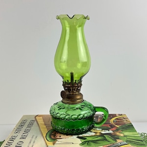 Small Green Glass Oil Lamp, Vintage Kerosene Lighting Glass Globe, Side Table Lamp Rustic Decor