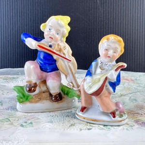 Vintage Porcelain Boy Musician Figurines: Made in Occupied Japan, Antique Collector Gift