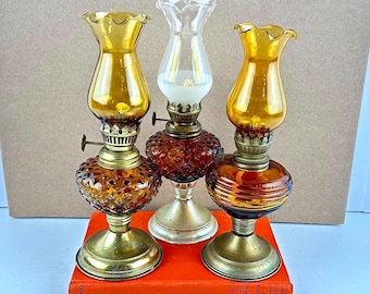 Small amber glass oil lamp, choice vintage kerosene lamp with globe, vintage lighting, farmhouse and Christmas decor