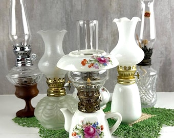 Vintage Glass Oil Lamp: Frosted, Milk Glass, or Diamond Cut Kerosene Lantern, Miniature Lamp Choice