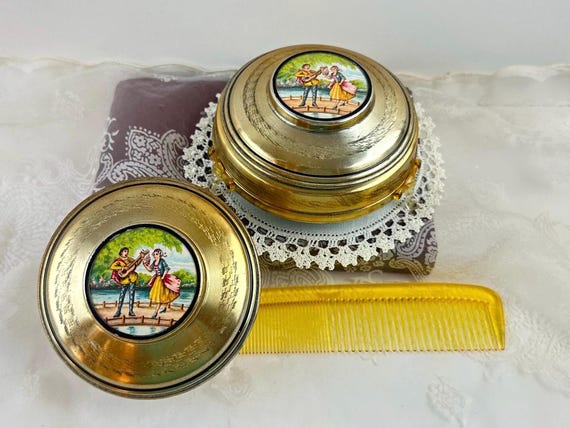 Vintage Art Nouveau Woman's Metal Powder Puff Tins, Vintage Vanity Decor, Victorian Trinket Boxes, Photo Prop Wedding