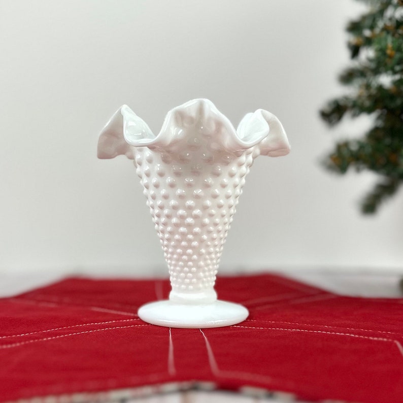Fenton Style Hobnail White Milk Glass Vase Vintage Crimped Etsy
