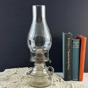 Vintage Glass Oil Lamp With Finger Hole, Clear Kerosene Lamp With Tall Chimney, Lamplight Farms Austria