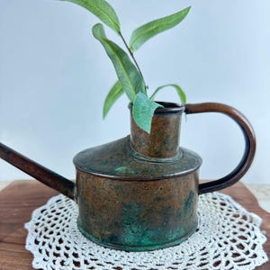 May include: A vintage copper watering can with a weathered, oxidized patina featuring green and brown tones. The vessel has a cylindrical body, a long narrow spout, and a curved handle. A green leafy plant stem is placed inside the opening.