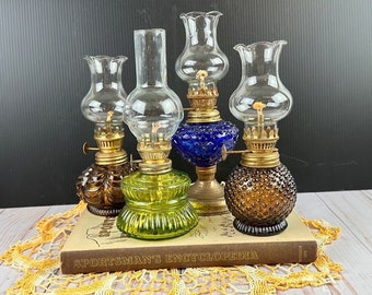 Small glass oil lamp, vintage kerosene lamp with globe, vintage lighting, hobnail smoky glass, blue stained glass