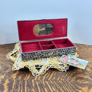 Vintage 1990s Godinger silver toned Jewelry Box,  Engraved Metal Trinket Box with Mirror, Wedding Vow Box