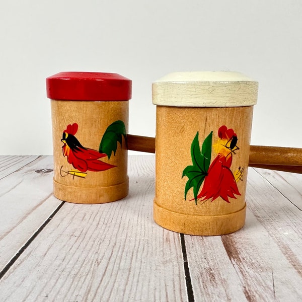 Vintage 1940's Long Wood Handled Salt & Pepper Shakers, BBQ Utensils, Red Kitchen Decor, Picnic Tableware, Rooster Motif Fun for Glamping.