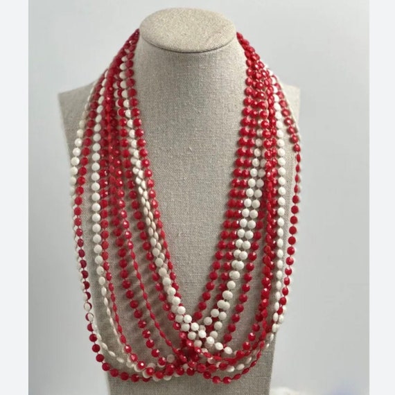 Vintage Red Beaded Necklace, 1970s Retro Jewelry,… - image 1