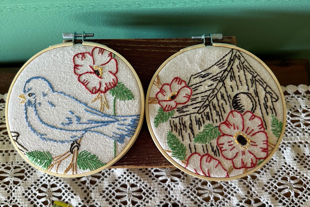 Vintage Pair Embroidery Art Upcycled Vintage Linen Etsy