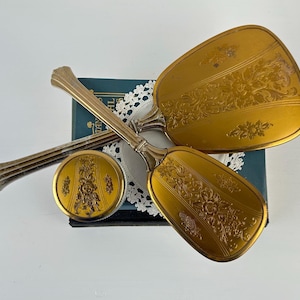 Vintage Hollywood Regency Mirror and Brush Vanity Set, 1950s Bedroom Decor Anniversary Gift, Engraved Gold Hand Mirror, Wedding Photo Prop