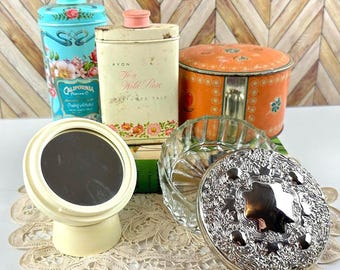Choice Vintage Powder Tins and Vanity Decor, Glass Trinket Jar