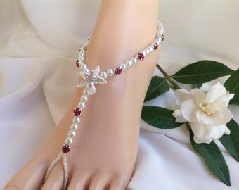 Barefoot Sandal, Fuchsia and White Pearl Starfish Barefoot Sandal, Beach Wedding Bridal Barefoot Sandals, Starfish Barefoot Sandal