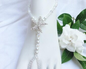 Sandalias descalzas con forma de estrella de mar, joyas para los pies con perlas blancas, tobilleras de plata para novias, accesorios para novias de boda en la playa, joyas para damas de honor.