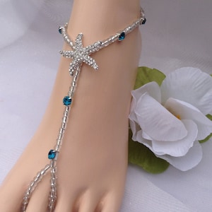 Starfish Barefoot Sandals Blue Rhinestones Barefoot Sandal, Beach Weddings, Foot Jewelry, Bridal Barefoot Sandals, Wedding Jewelry