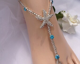 Starfish With Turquiose Rhinestones Barefoot Sandal, Beach Weddings, Foot Jewelry,  Bridal Barefoot Sandals, Wedding Jewelry