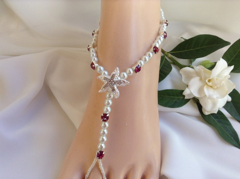 Fuchsia and White Pearl Starfish Barefoot Sandal Bridal Jewelry Beach Wedding Bridal Barefoot Sandals Starfish Barefoot Sandal image 3