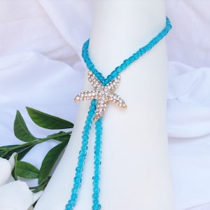 Turquoise Barefoot Sandal Gold Starfish With Rhinestones, Bridesmaid Barefoot Sandals, Foot Jewelry, Beach Wedding