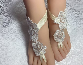 Ivory Lace Bridal Barefoot Sandal, Bridal Beaded Lace Barefoot, Beach Wedding Sandals, Lace Bridal Barefoot Sandals,  Barefoot Sandal