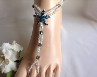 Teal Blue Starfish With Rhinestones Barefoot Sandal, Beach Weddings, Foot Jewelry,  Bridal Barefoot Sandals, Wedding Jewelry