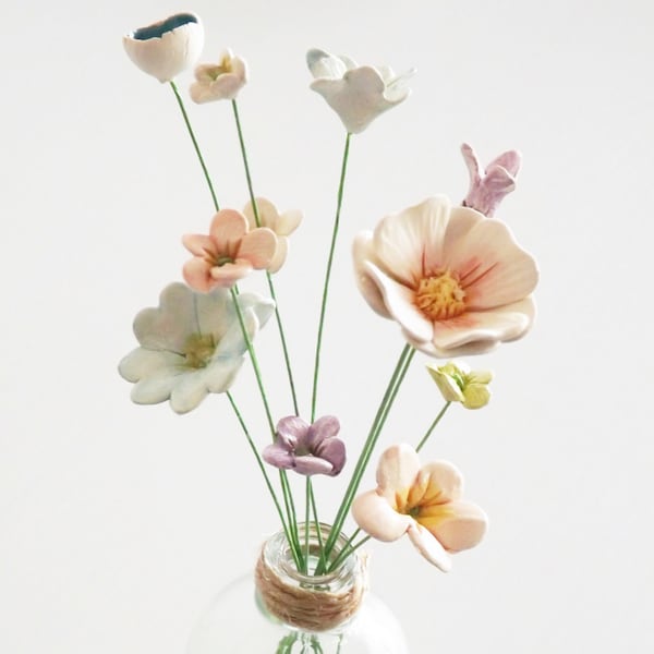 Ceramic flowers - 10 pastel handmade teeny tiny baby  pottery clay flowers and vase