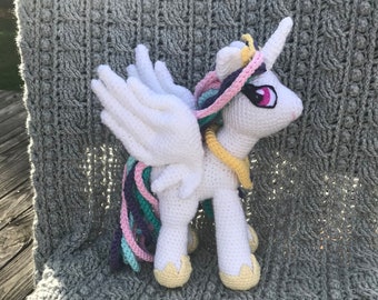 Princess Celestia, My Little Pony, Knit, Crochet, Birthday Gift Rainbow, Unicorn, Doll, Stuffed, Toy, Large, Soft, Braid, Flying, Sun, Queen
