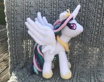 Prinzessin Celestia, My Little Pony, stricken, häkeln, Geburtstagsgeschenk Regenbogen, Einhorn, Puppe, gefüllt, Spielzeug, groß, weich, Zopf, fliegend, Sonne, Königin