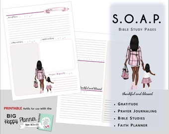 SOAP Bible Study Printable PDF BIG Happy Planner -  Thankful and Blessed, African American Mother & Daughter 01AA2