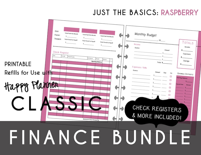 CLASSIC Happy Planner FINANCE Bundle Check Register, Monthly Budget, Debt Payoff Tracker, Debtor Contacts Passwords Printable PDF Raspberry image 1