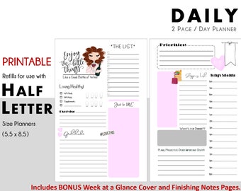 HALF LETTER Daily Printable with Week at a Glance and Notes for - PDF- "Enjoy the Little Things Like a Good Bottle of Wine" - redhead