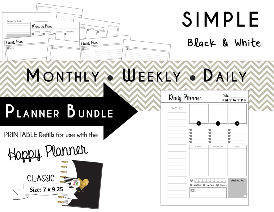 Happy Planner: SIMPLE Black/white Planner Bundle CLASSIC - Etsy