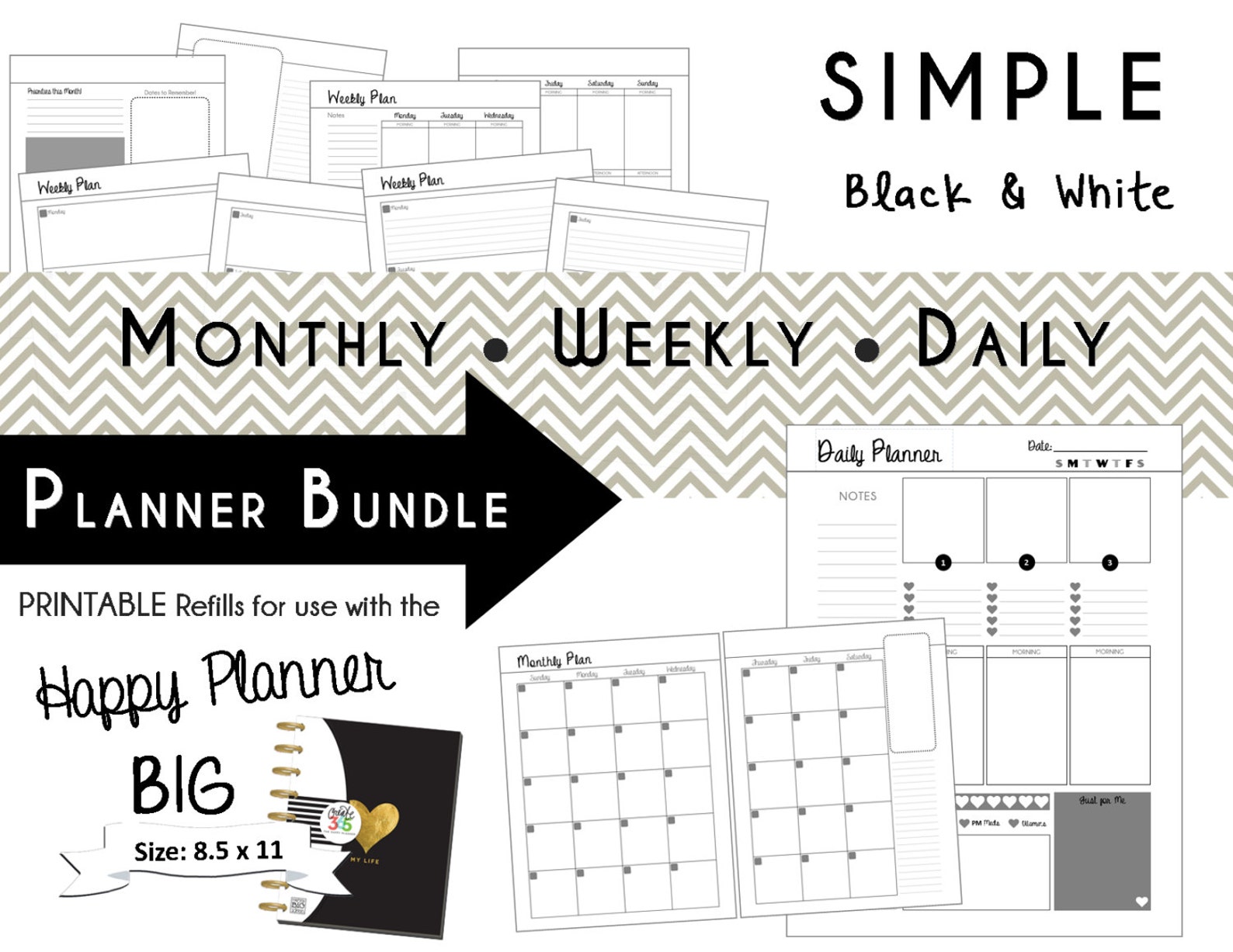 Happy Planner: SIMPLE Black/white Planner Bundle BIG Size - Etsy