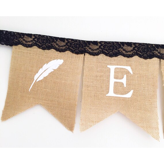 Personalised Boho Burlap Bunting Banner Flags With Black Lace And