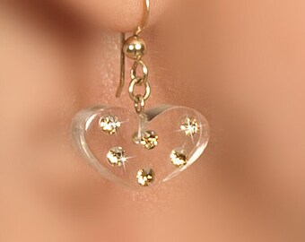Clear lucite earrings, Gold heart earring, Dangle earring gold, gold filled ear wires, Swarovski drop earring, Swarovski crystal earring.