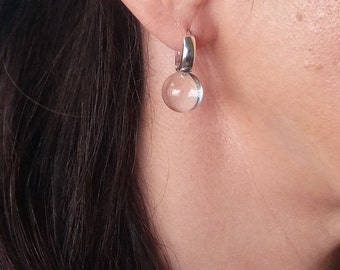 Small disco ball earring, Clear lucite earring, Sphere earring, Huggie hoop earring, Lever Back hoop, Huggie earring sterling silver
