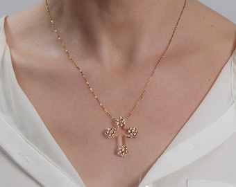 Gold cross necklace, Flower necklace, Swarovski cross, Religious necklace, Cross necklace women, Clear lucite necklace, Acrylic necklace.