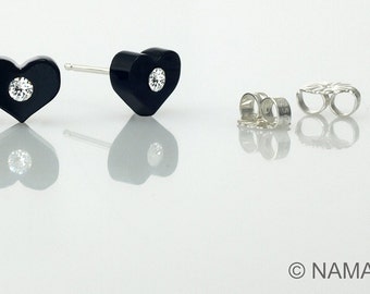 Black heart earring, Clear lucite earring, Tiny studs, Silver post, Plastic post earring, Swarovski crystal stud earring, Tiny silver studs.