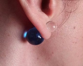 Double sided earring, Double sided ball earring, Clear lucite earring, Big ball stud earring, Big studs, Disco ball earring, Blue studs.