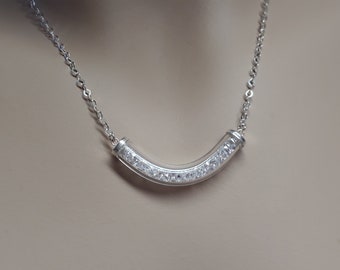 Curved bar necklace, Diamond bar necklace, Lucite necklace, Horizontal necklace, Silver bar necklace, Tube necklace, Swarovski necklace.