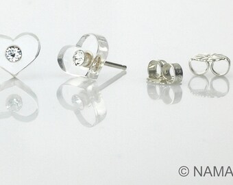 Heart studs, Tiny silver studs, Clear lucite earring, Swarovski crystal stud earrings, Silver heart earring, Plastic post earring.