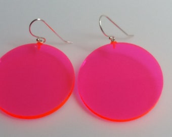 Neon pink earring, Bright pink earring, STERLING SILVER earring, Neon pink jewelry, Summer earring, Lucite earring, Fluorescent earrings.