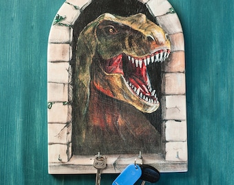 Wandschlüsselhalter DINOSAURS TYRANNOSAURUS REX, Medaille Rack, Familie Schlüssel Organizer, gedruckt auf Holz aus original-Gemälde, Wand-Dekor, Aufhänger