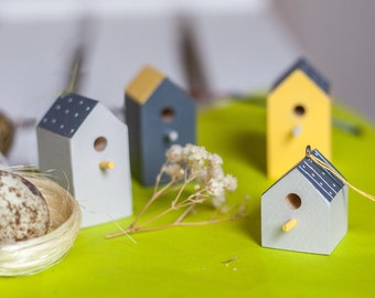 Birds house, Mini birdhouses YELLOW & GRAY, Set of  6, wooden, decorative, the Easter table, spring birds,  spring decoration