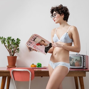 Vintage inspired light blue French plumetis cotton lingerie set