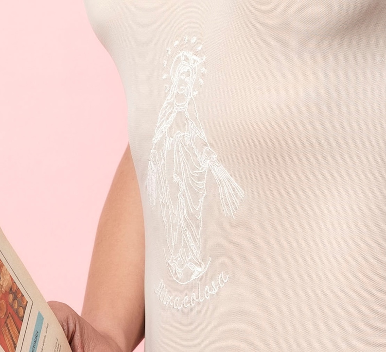 Soft tulle mesh bodysuit with embroidered holy image image 5