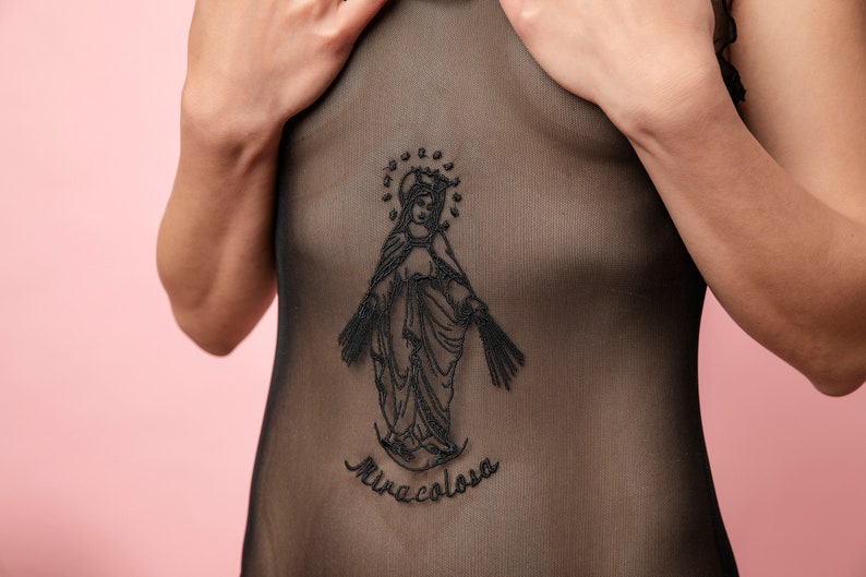 Soft tulle mesh bodysuit with embroidered holy image image 2