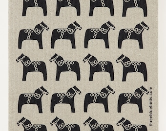 Black Dala Horse on Sand Swedish Dishcloth