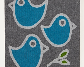 Three Bluebirds on Graphite Swedish Dishcloth