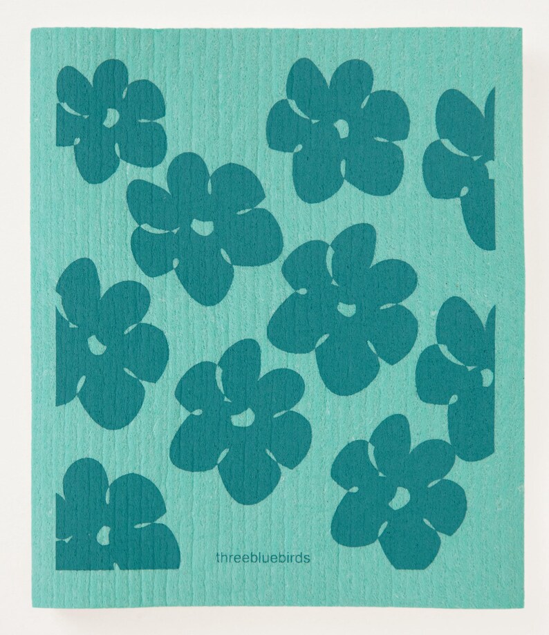 Teal Green Flower Power Swedish Dishcloth