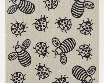 Black Bees & Bugs on Sand Swedish Dishcloth